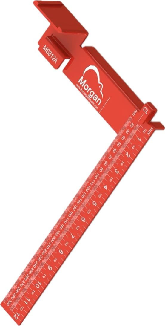 Red aluminum Morgan Square with imperial and metric measurements for woodworking and measuring hand tools under $100 collections