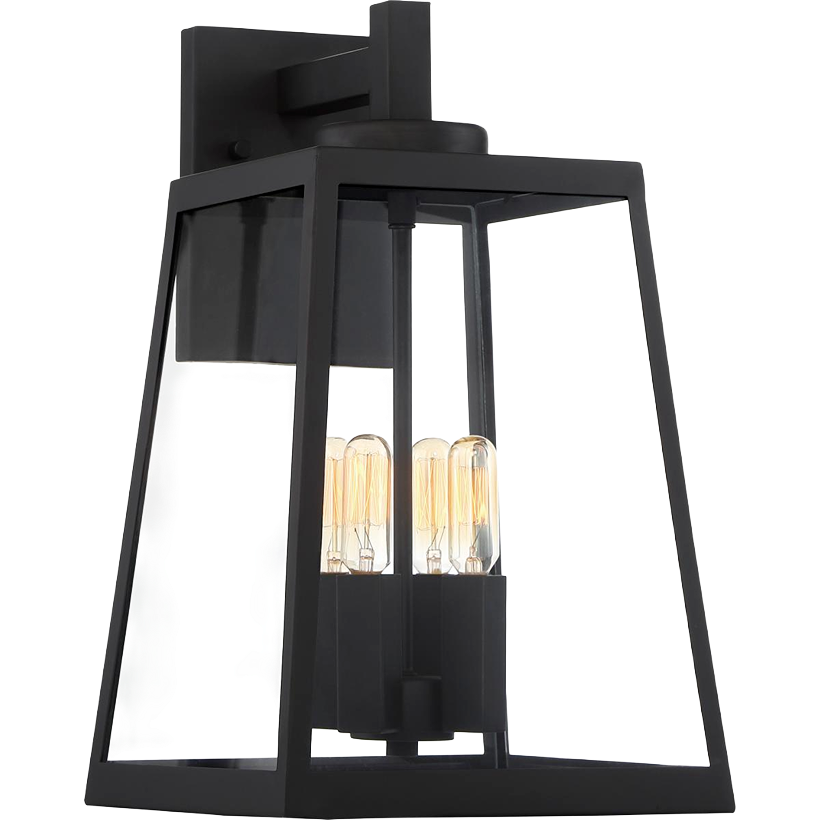 Matte black outdoor wall lantern with clear glass panels and four filament bulbs, ideal for outdoor living spaces.