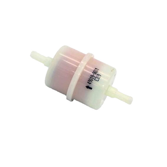 Inline plastic fuel filter with directional arrow for proper installation in small engine or machinery fuel systems
