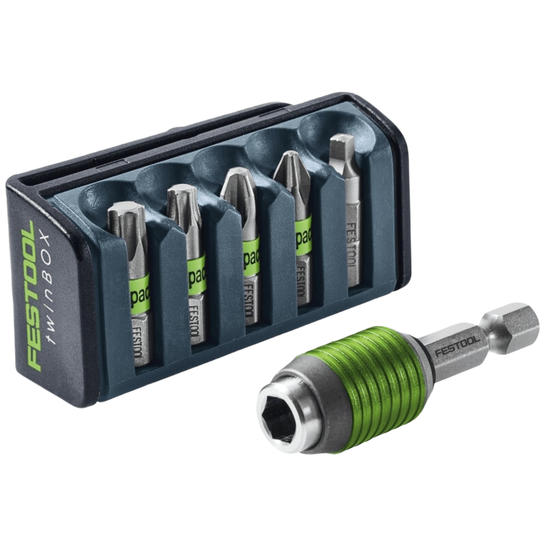 Compact bit cassette with six assorted impact driver bits and a green-accented magnetic bit holder for tool accessories