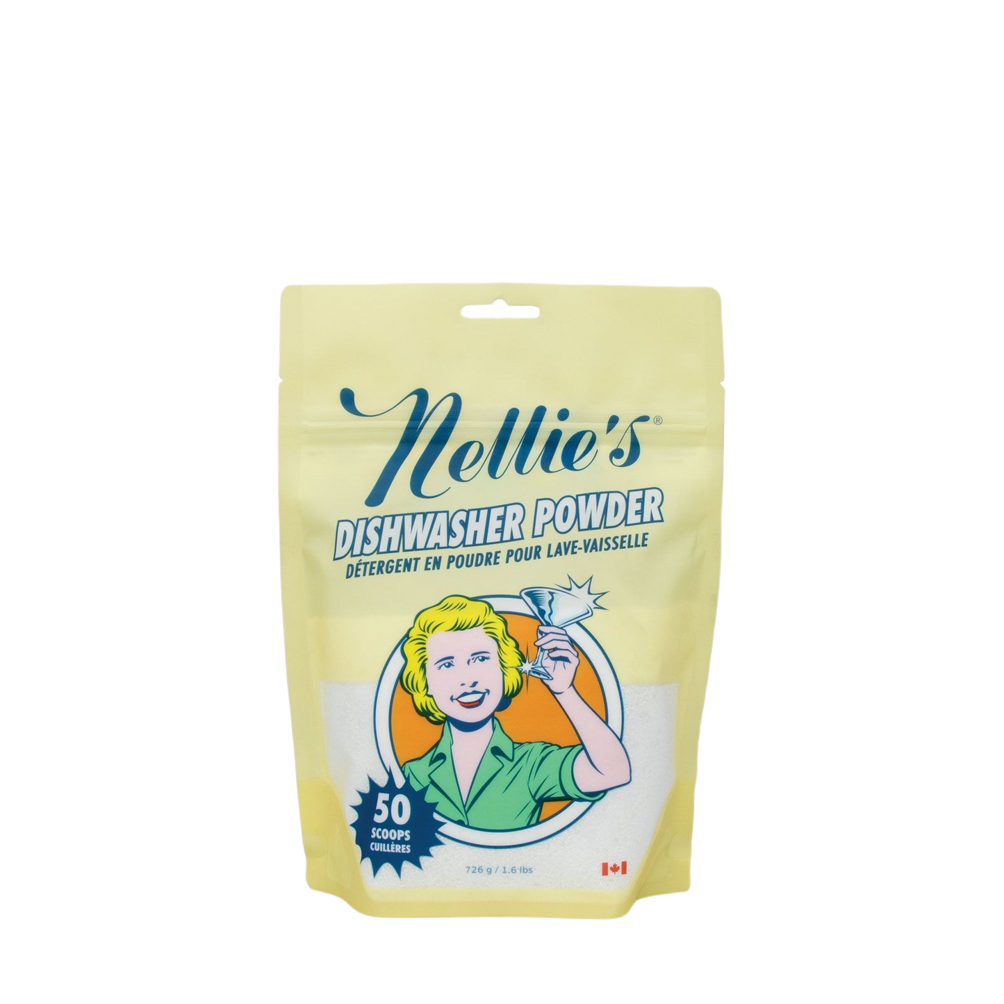 Beige pouch of Nellie’s dishwasher powder with retro illustration and 50 scoops label for kitchen cleaning tasks