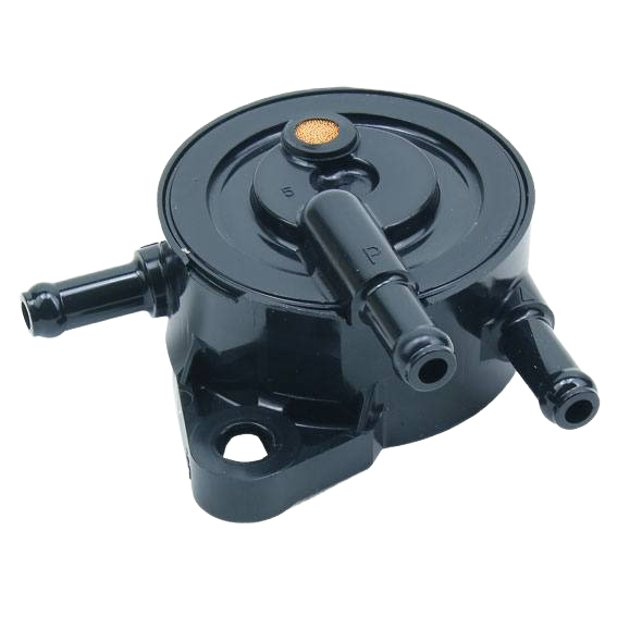 Black fuel pump component with multiple nozzle connections designed for efficient fuel delivery in machinery maintenance and repair.