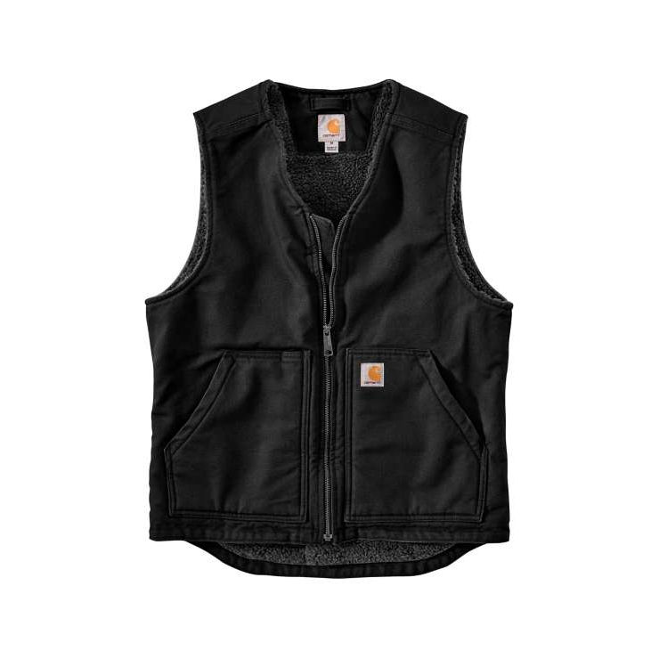 Black washed duck vest with sherpa lining and front pockets for durable outdoor workwear and home improvement tasks