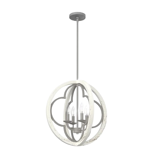 Rustic white concrete pendant light with quatrefoil design and four exposed bulbs for dining and bathroom lighting