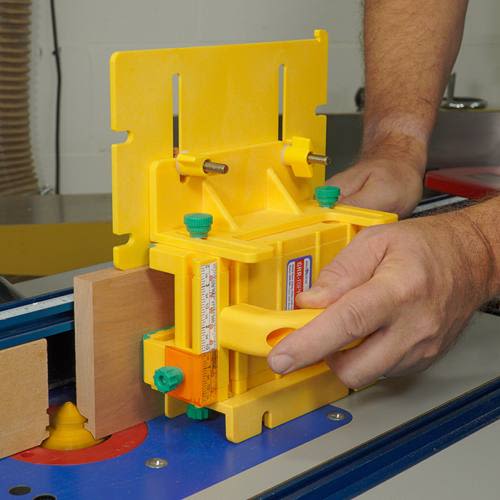 Yellow and green Microjig GRR-RIPPER 300 Max push block with adjustable knobs for precise control in saw accessories collection