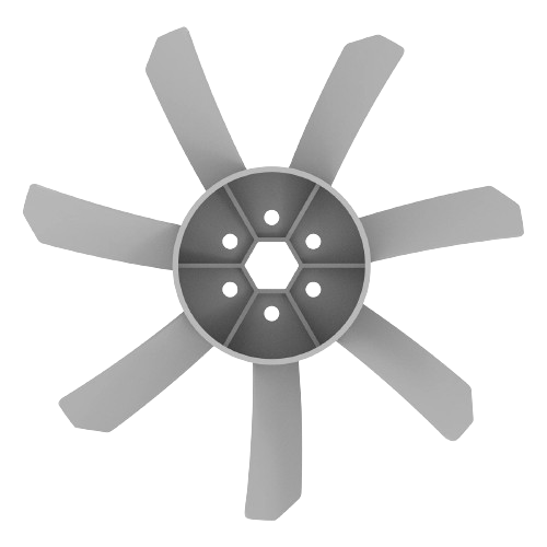 Gray eight-blade hydro cooling fan for automotive use, compatible with John Deere parts and mechanic tools collections