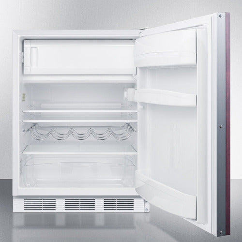 Compact built-in refrigerator-freezer with open door showing adjustable shelves and clear crisper from Refrigerators collection