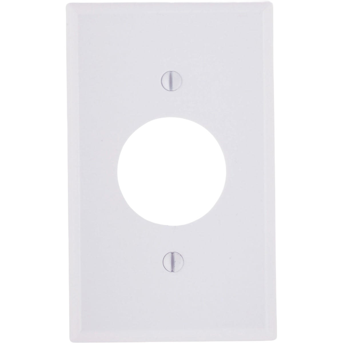 White single-gang outlet wall plate with smooth finish and two screw holes for home improvement applications