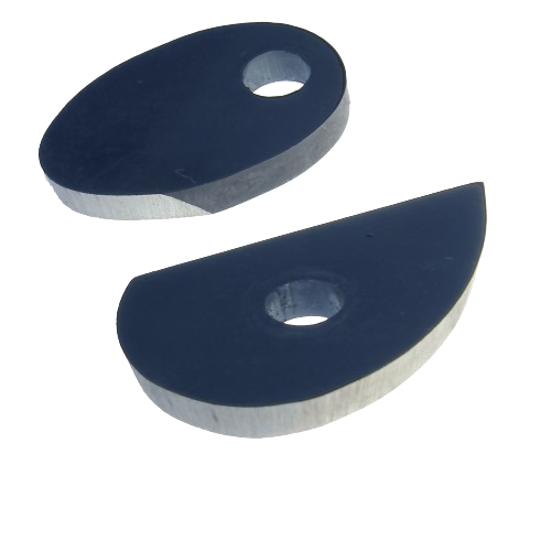 Two polished metal scraper tips with dark blue handles designed for precision tool and home improvement use
