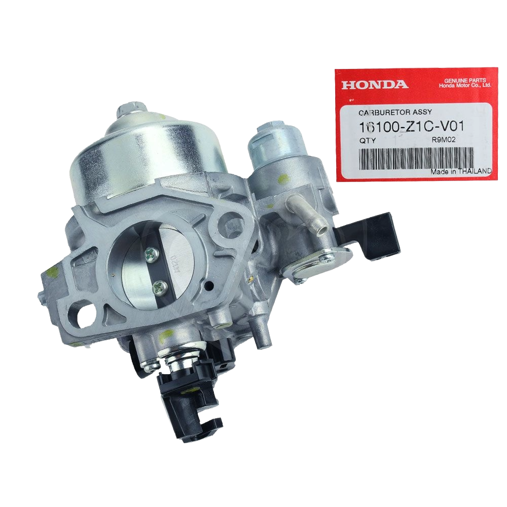 Silver metal carburetor part for outdoor power tools with red Honda label in parts and lubricants collection