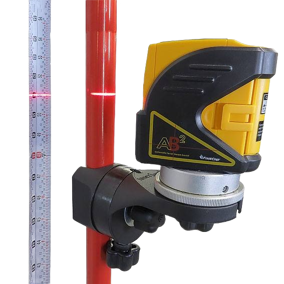 Yellow and black laser level mounted on red pole with horizontal and vertical laser lines for tools and home improvement tasks