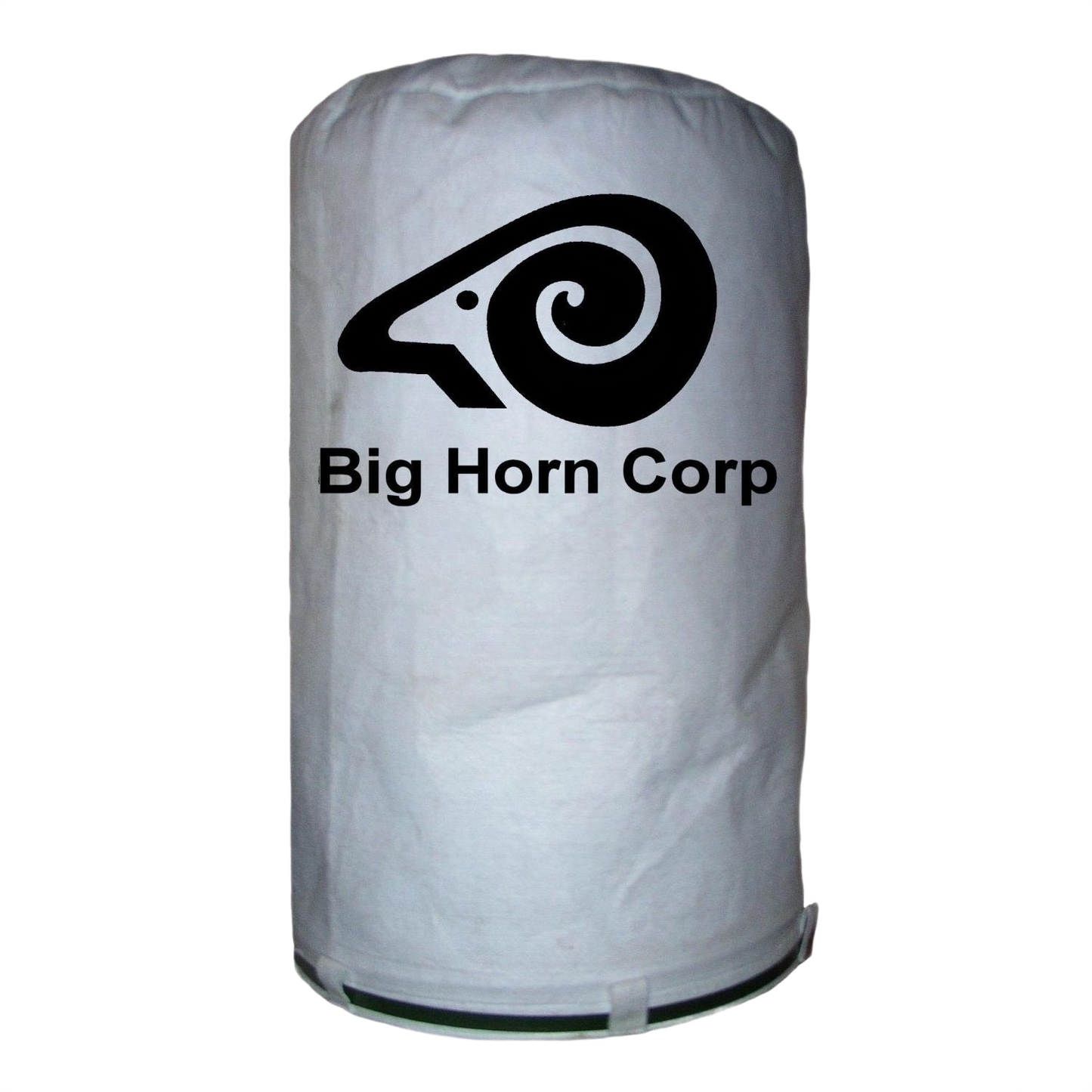White dust collector filter bag with Big Horn Corp logo for woodworking tools and air filtration under $100 collections