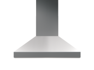 Stainless steel range hood with sleek angular design and PowerWave blower for kitchen ventilation in home improvement.