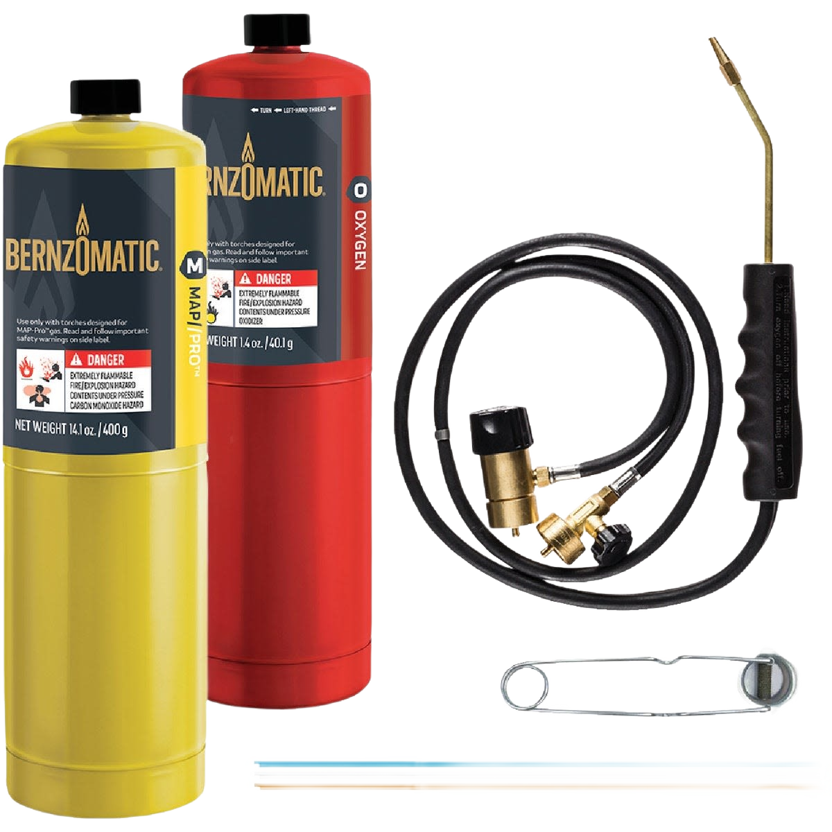 Fuel gas and oxygen cylinders with torch handle, hose, and accessories for home improvement tasks