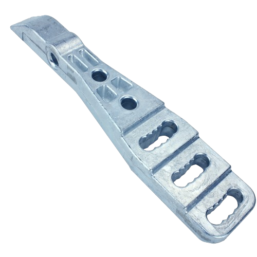 Silver metal linkage bracket with multiple mounting holes designed for equipment attachment in home improvement projects