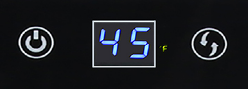 Digital display panel showing temperature set to 45 degrees Fahrenheit with power and function buttons for beverage center appliances