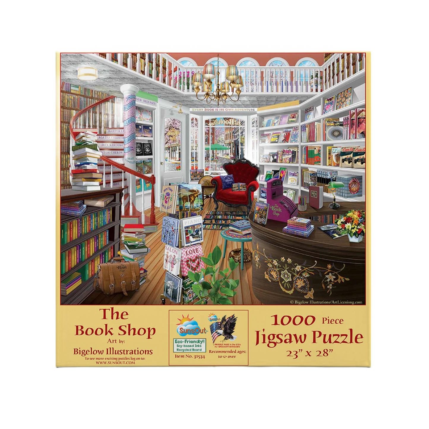 Detailed indoor scene of a cozy bookshop with shelves, spiral staircase, and a vintage armchair centerpiece