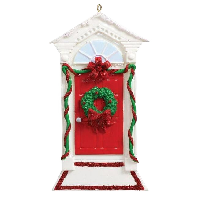 Red door ornament decorated with green holly wreath and festive garland, Christmas Ornaments & Tree Decorations under 50 dollars