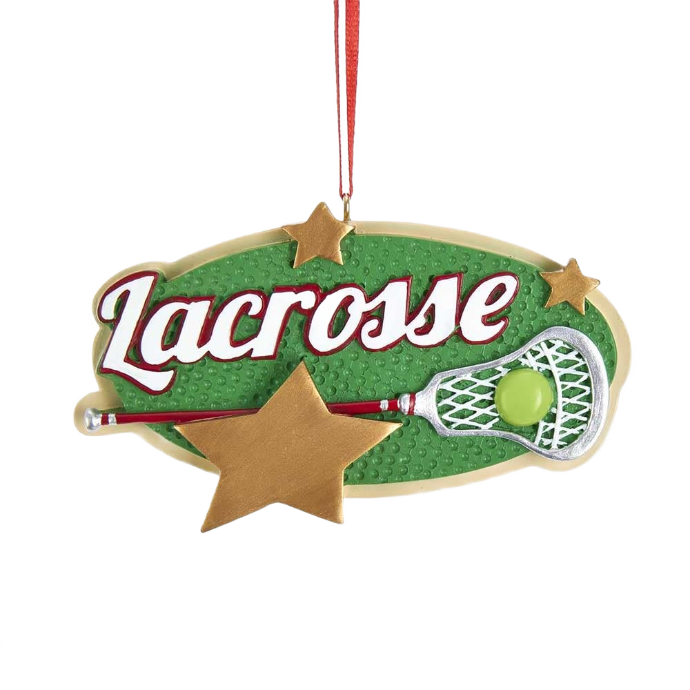 Green star-shaped personalized lacrosse ornament with stick and ball, festive Christmas decor under $50 for tree decorations