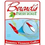 Packaging of Berardi's Fresh Roast Sumatran Viennese Coffee Beans highlighting the island of Sumatra on a red and white bag