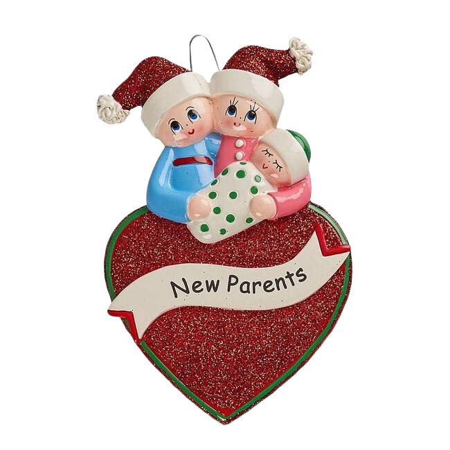 Festive ornament of smiling couple in Santa hats holding baby over glittery heart banner reading New Parents for Christmas decor