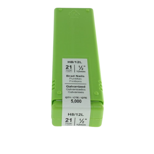 Green plastic container with 21-gauge galvanized brad nails, 1/2 inch length, for hardware and fasteners projects under $50