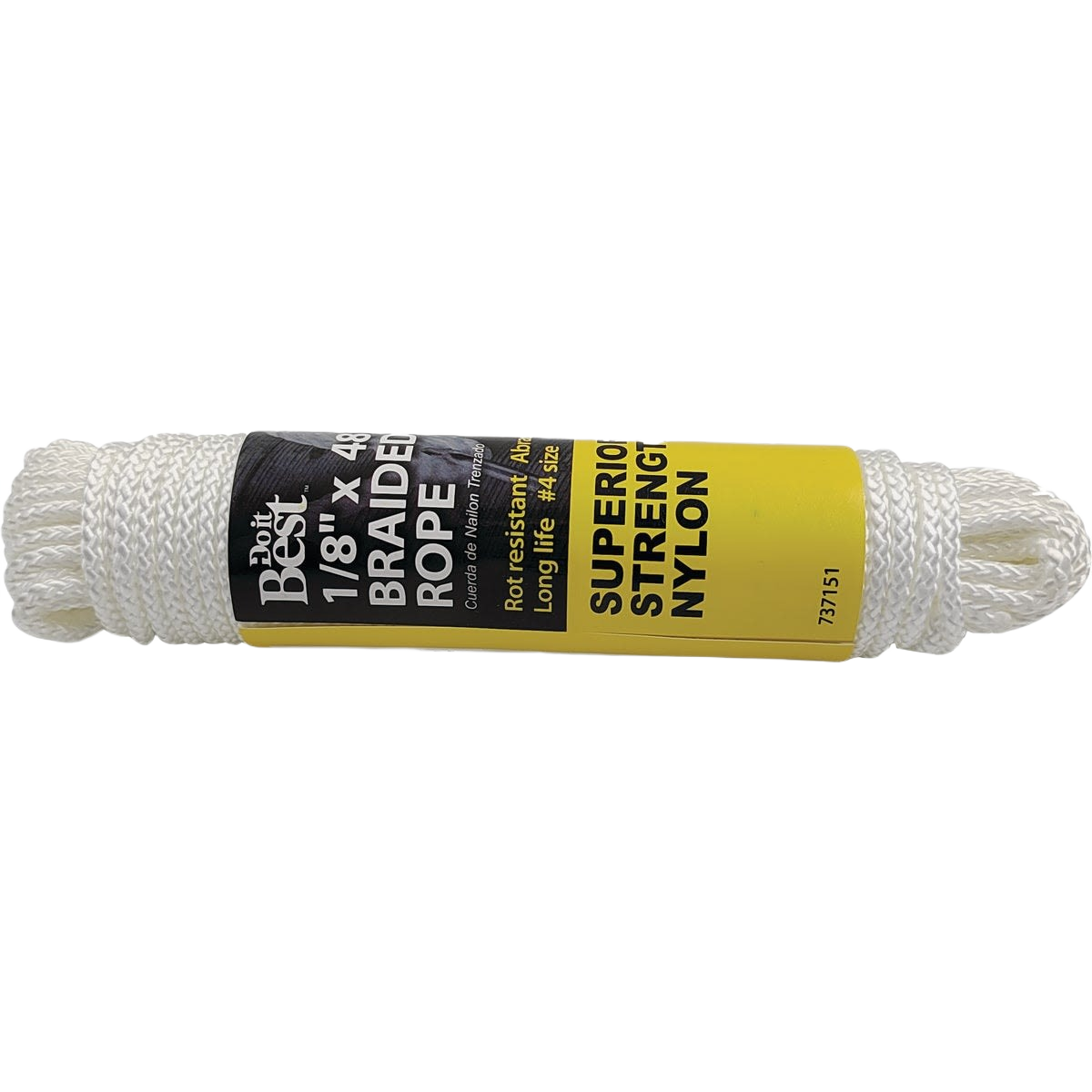 White braided nylon rope packaged for sale, 1/8 inch thickness and 48 feet length for home improvement use