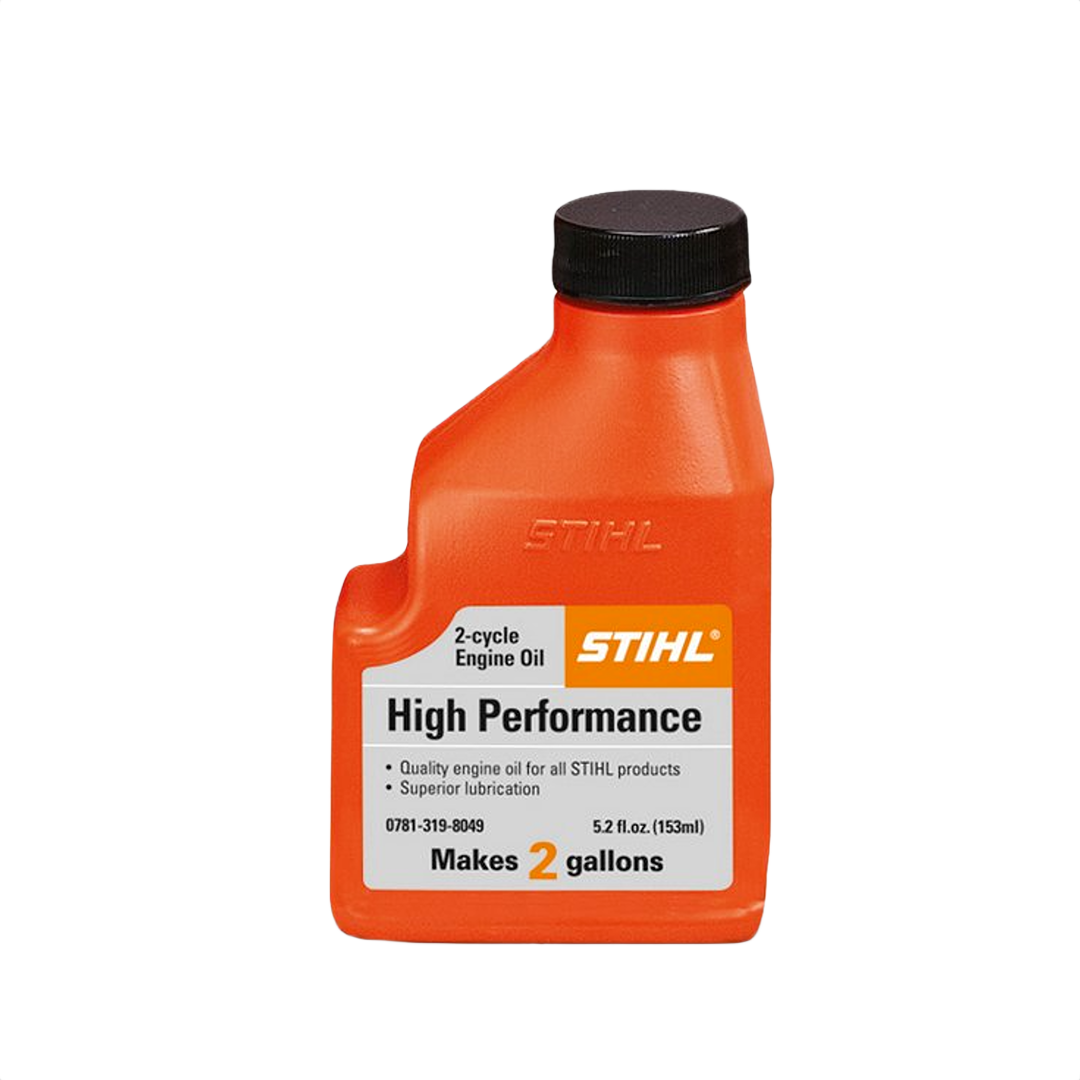 Orange bottle of high-performance 2-cycle engine oil for tools and home improvement tasks