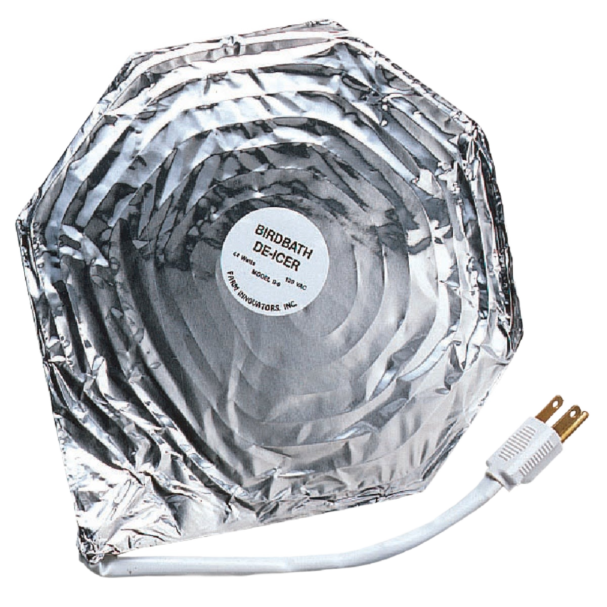 Electric bird bath de-icer with silver reflective surface and attached power cord for home outdoor use