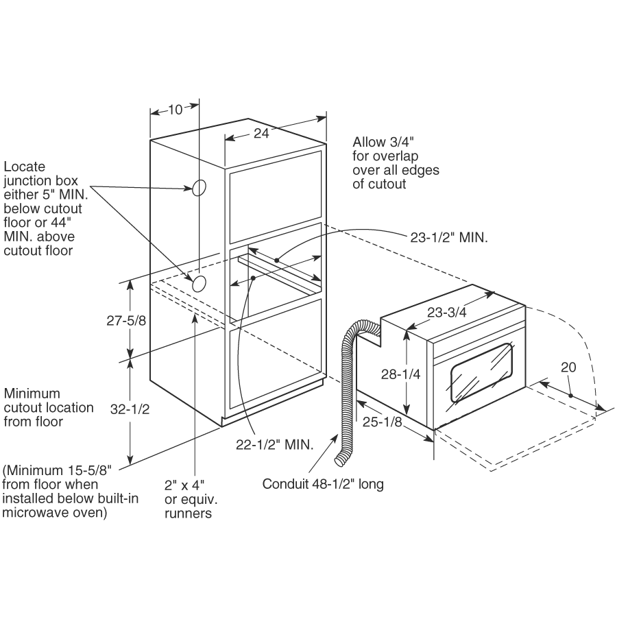 Technical diagram showing installation dimensions and clearances for a 24-inch electric single self-cleaning wall oven in kitchen appliances.
