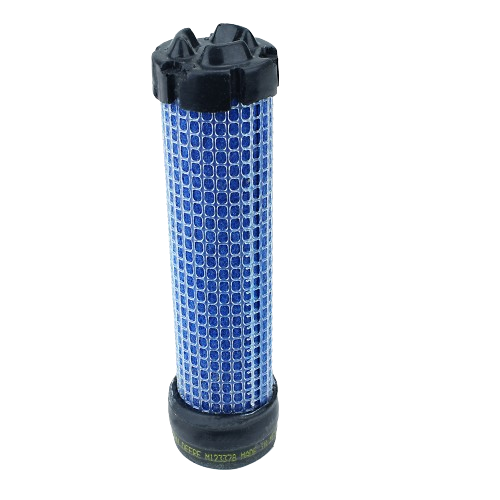 Blue cylindrical secondary air filter element with black plastic ends for John Deere parts and lubricants collection