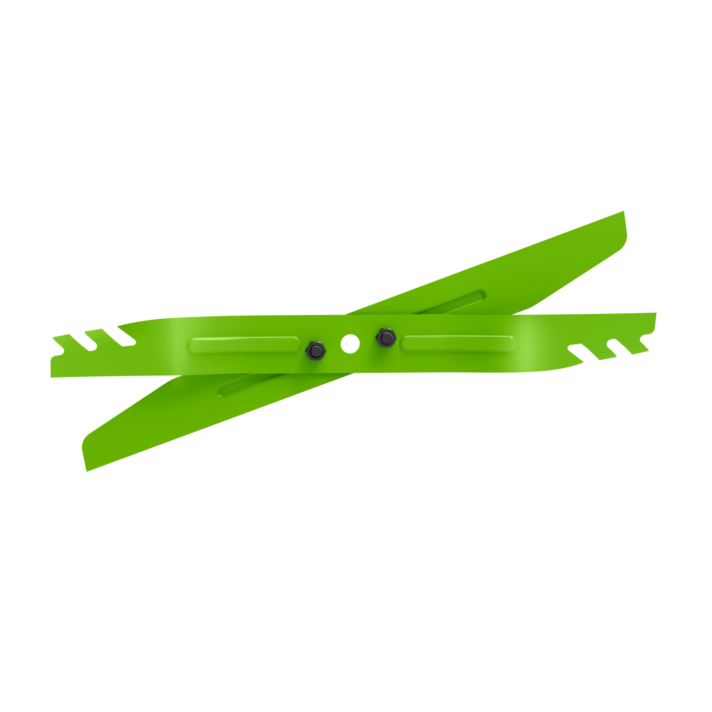 Set of two bright green mulching blades designed for lawn mower replacement in parts and lubricants collection