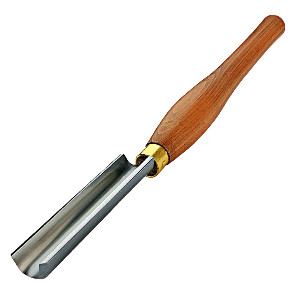 Wooden-handled oversized gouge with polished steel blade for shaping large woodturning projects in woodworking tools collection
