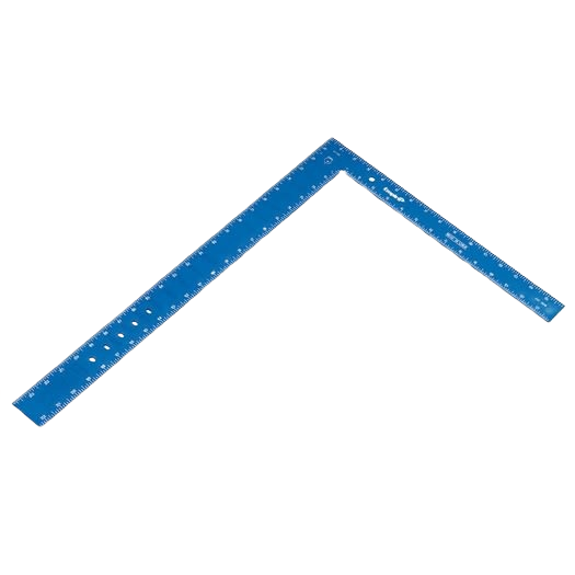 Blue framing square with laser etched markings for woodworking and measuring tools in home improvement projects under $50