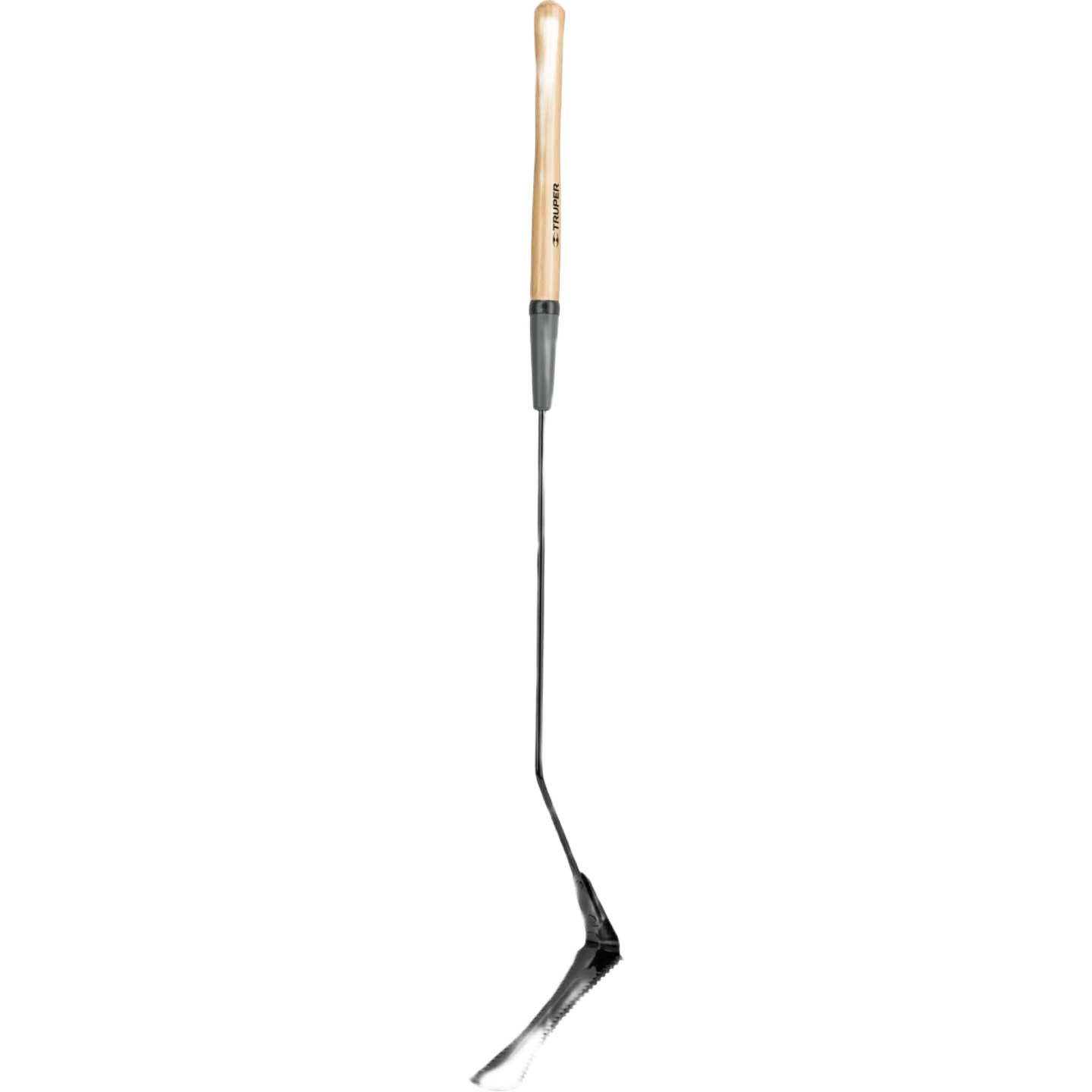 Garden tool with wooden handle and angled steel blade for cutting weeds and grass in lawn care and outdoor maintenance
