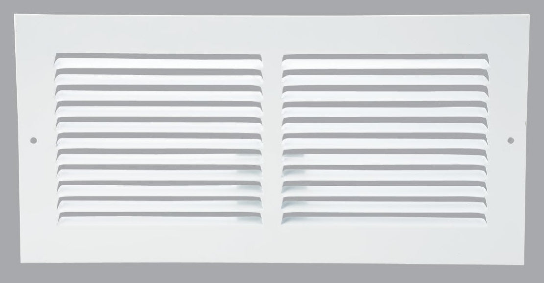 White stamped steel return air grille with turn-back frame for easy installation in plumbing and home improvement collections