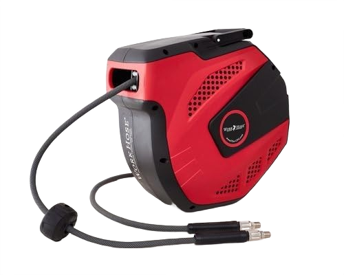 Red and black compact air hose reel with 3/8 inch hose and metal connectors in air tools and accessories collection
