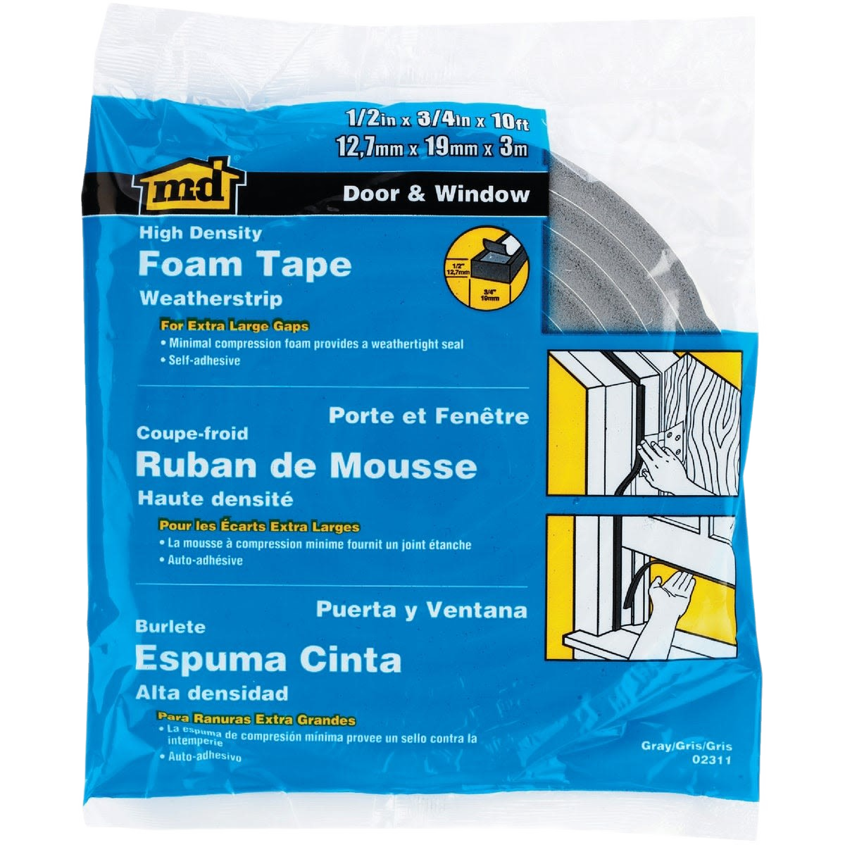 Gray high density closed-cell foam tape for door and window weatherstripping in hardware and home improvement collections