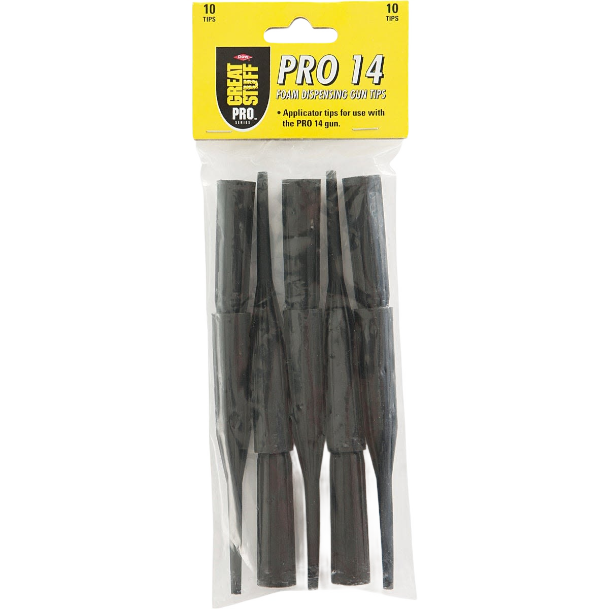 Package of ten black applicator tips designed for foam dispensing guns in home improvement tools use