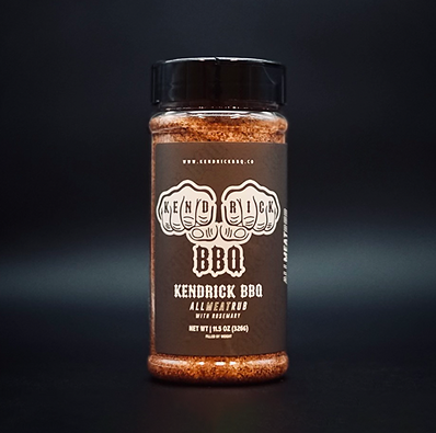 Bottle of Kendrick BBQ all meat rub with black lid and bold logo for grilling sauces and spices collection