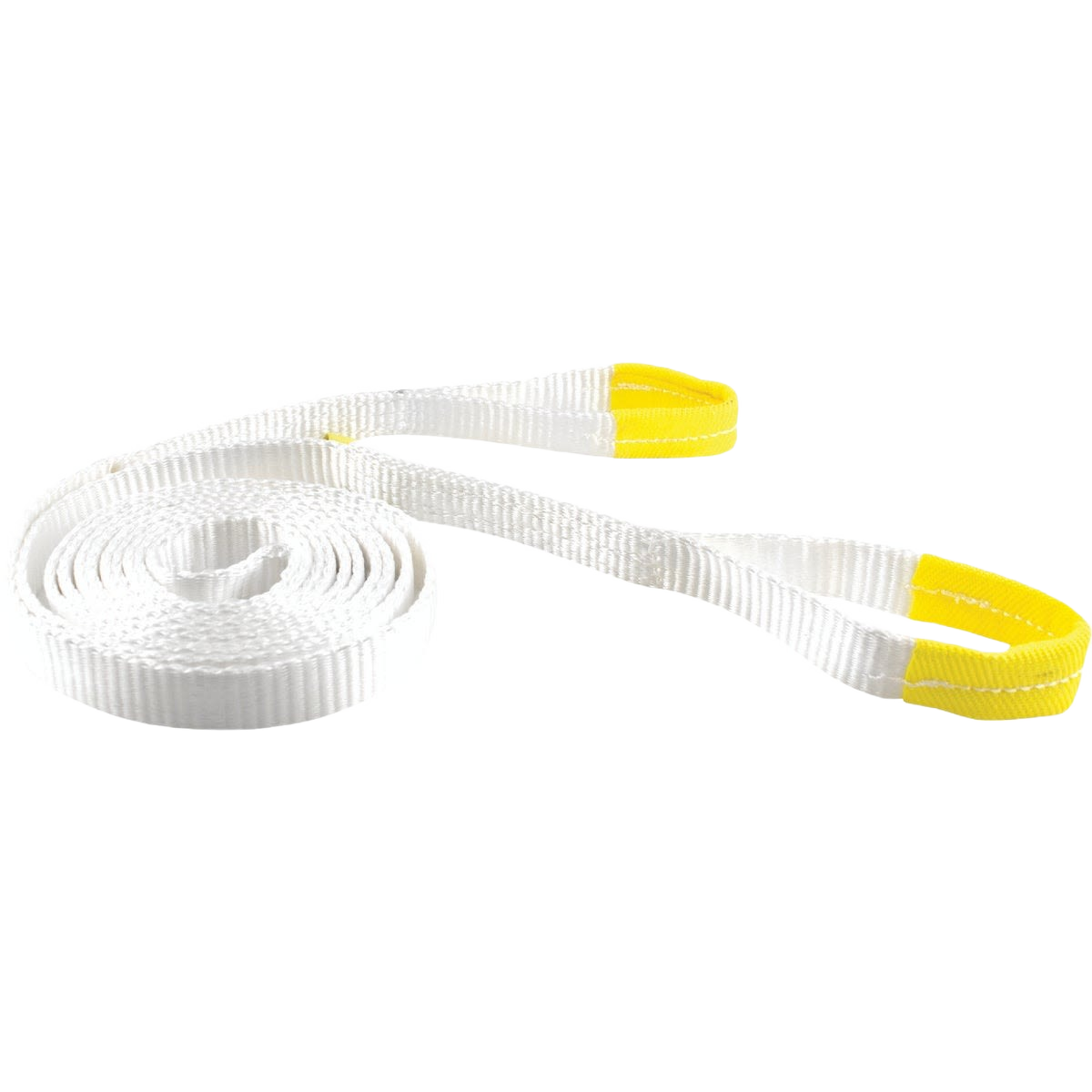 White heavy-duty recovery tow strap with reinforced yellow loops designed for home improvement and tool use