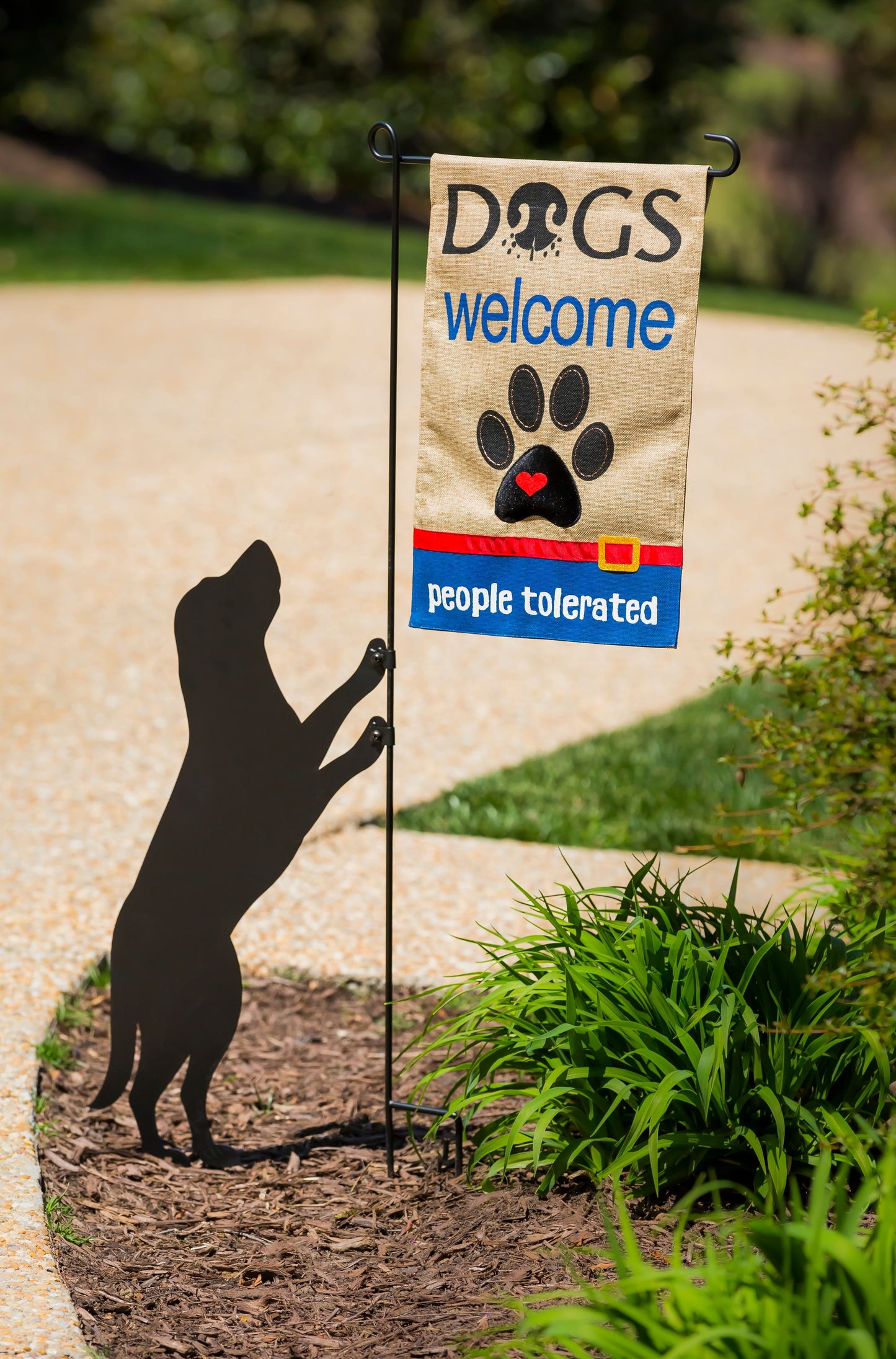 Black metal garden flag holder with jumping dog silhouette for outdoor flags in lawn and garden decor collections under $50