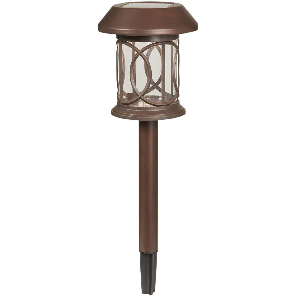 Bronze solar LED pathway light with decorative circular motif for outdoor landscape and garden lighting collections