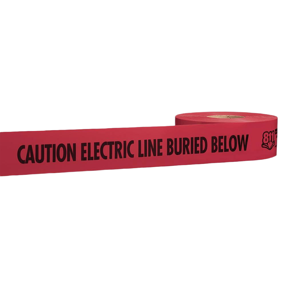 Red non-detectable warning tape with bold black caution text for marking underground electric lines in home improvement projects