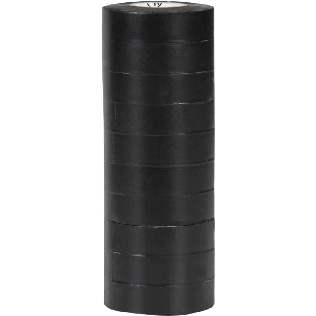 Stack of ten black vinyl electrical tape rolls for insulating wires in electrical tools and home improvement collections under $50