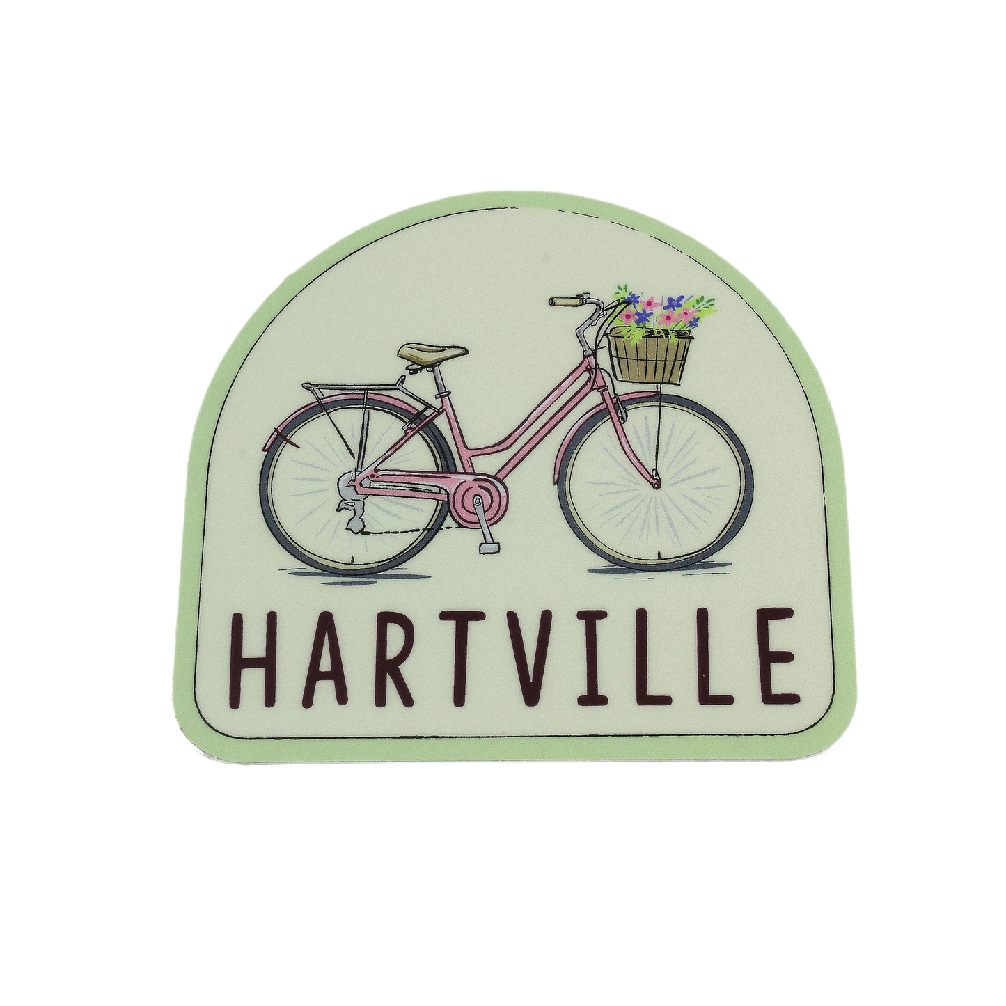 Sticker featuring a pink vintage bicycle with a basket of flowers above the text Hartville for home and tool decoration