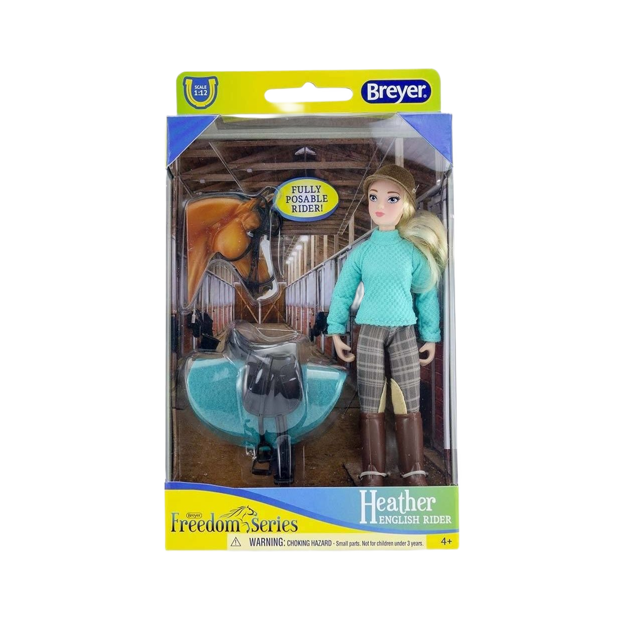 Breyer English rider doll in teal sweater and plaid pants with horse saddle accessory in packaging