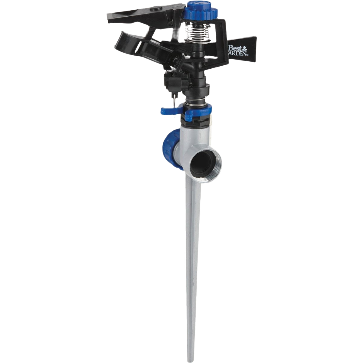 Garden sprinkler with poly and metal spike, adjustable impulse spray head, and hose connector for outdoor watering.