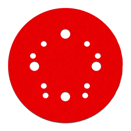Red 5-inch sanding disc with multiple dust extraction holes for power tool and abrasive tool accessory collections under $50