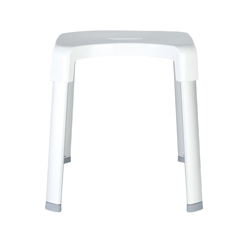 White plastic shower bench with sturdy legs and non-slip feet for bathroom safety and accessibility under $100 collection